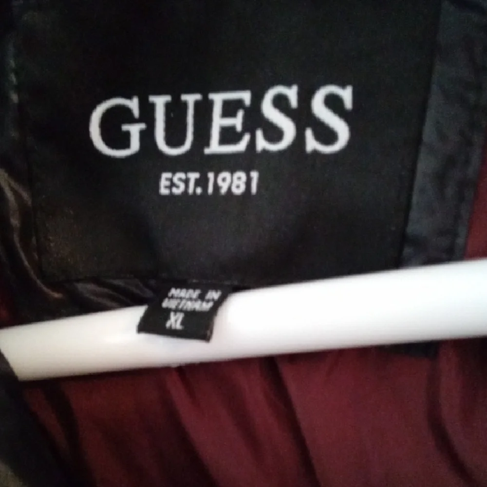 GUESS Black Puffer Coat with Deep Red Interior